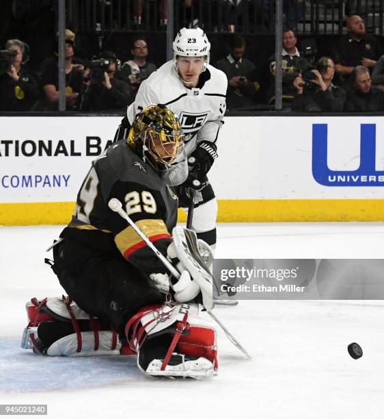 Marc-Andre Fleury of the Vegas Golden Knights blocks a shot by Dustin Brown of the Los Angeles Kings in the third period of Game One of the Western...