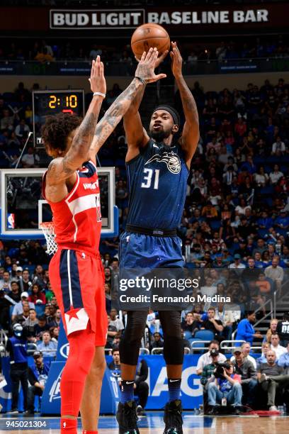 Terrence Ross of the Orlando Magic shoots the ball against the Washington Wizards on April 11 2018 at Amway Center in Orlando, Florida. NOTE TO USER:...