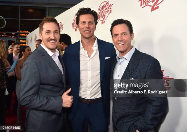 Paul Soter, Hayes MacArthur and Erik Stolhanske attend the premiere of Fox Searchlight's "Super Troopers 2" at ArcLight Hollywood on April 11, 2018...