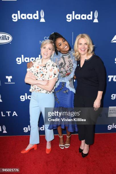 Nafessa Williams, Hannah Hart and President and CEO of GLAAD Sarah Kate Ellis attend Rising Stars at the GLAAD Media Awards Los Angeles at The...