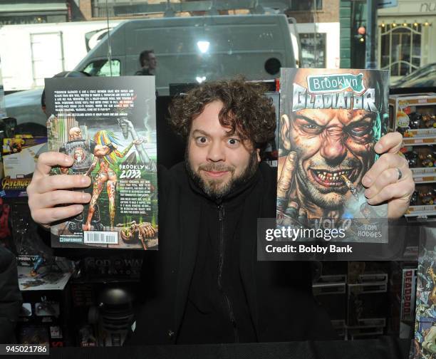 Dan Fogler signs copies Of "Brooklyn Gladiator" at Forbidden Planet on April 11, 2018 in New York City.