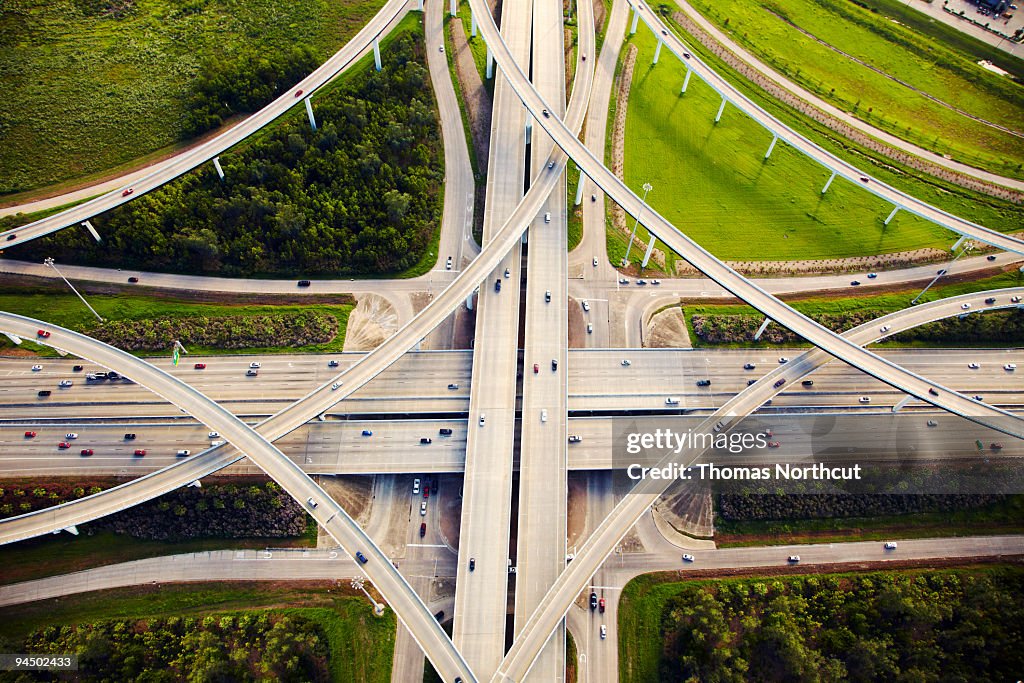 Aerial view of traffic and overpasses