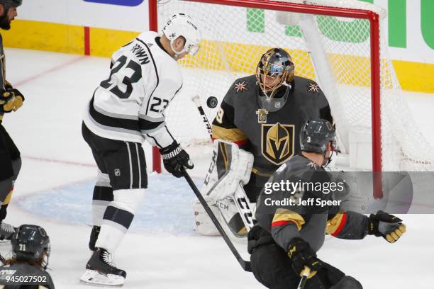 Marc-Andre Fleury of the Vegas Golden Knights makes a save against Dustin Brown of the Los Angeles Kings in Game One of the Western Conference First...