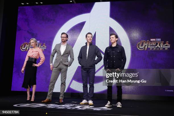 Pom Klementieff, Tom Hiddleston, Benedict Cumberbatch and Tom Holland attend the press conference for 'Avengers Infinity War' Seoul premiere on April...