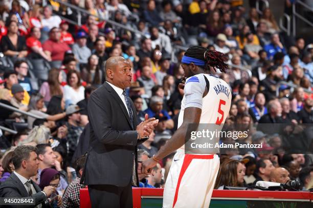 Head Coach Doc Rivers and Montrezl Harrell of the LA Clippers talk during the game against the Los Angeles Lakers on April 11, 2018 at STAPLES Center...