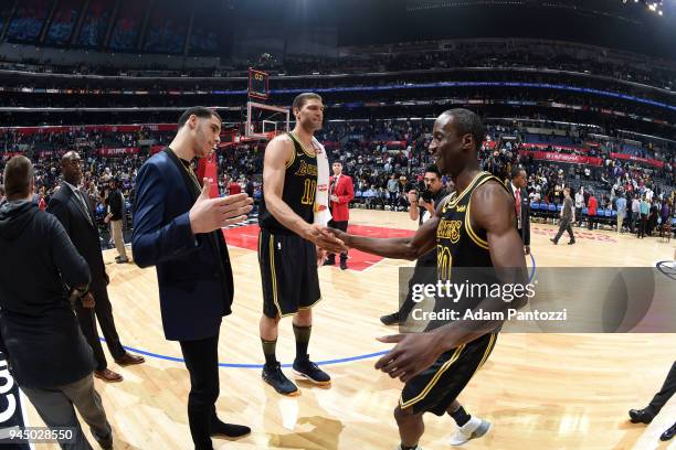 Lonzo Ball, Brook Lopez, and Andre Ingram of the Los Angeles Lakers shake hands after the game against the LA Clippers on April 11, 2018 at STAPLES...