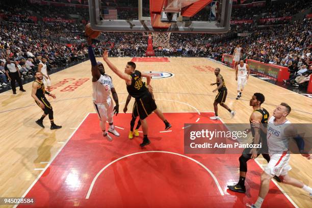 Montrezl Harrell of the LA Clippers goes to the basket against the Los Angeles Lakers on April 11, 2018 at STAPLES Center in Los Angeles, California....