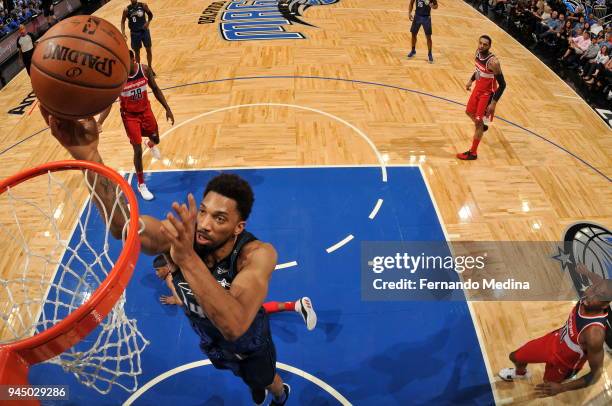 Khem Birch of the Orlando Magic shoots the ball against the Washington Wizards on April 11 2018 at Amway Center in Orlando, Florida. NOTE TO USER:...