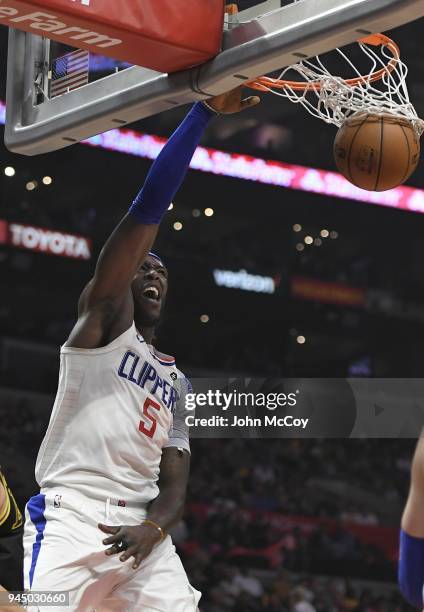 Montrezl Harrell of the LA Clippers dunks in the second half at Staples Center on April 11, 2018 in Los Angeles, California. The Lakers won 115-100....