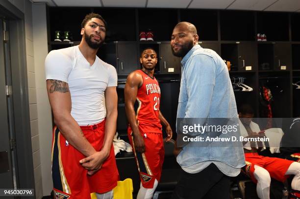 DeMarcus Cousins and Anthony Davis of the New Orleans Pelicans after the game against the LA Clippers on April 9, 2018 at STAPLES Center in Los...