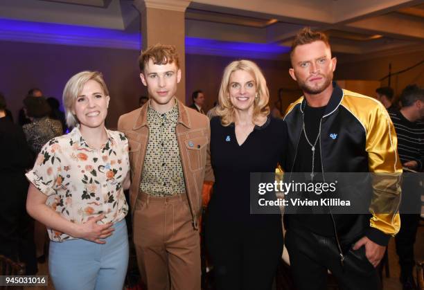 Hannah Hart, Tommy Dorfman, President and CEO of GLAAD Sarah Kate Ellis and August Getty attend Rising Stars at the GLAAD Media Awards Los Angeles at...