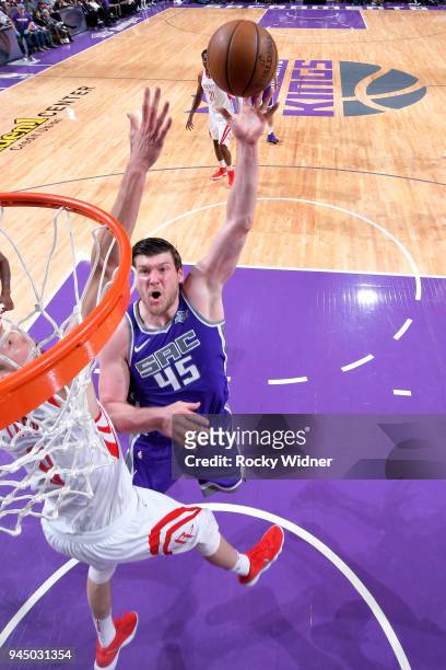 Jack Cooley of the Sacramento Kings goes to the basket against the Houston Rockets on April 11, 2018 at Golden 1 Center in Sacramento, California....