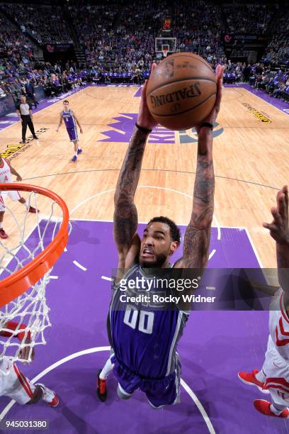 Willie Cauley-Stein of the Sacramento Kings goes to the basket against the Houston Rockets on April 11, 2018 at Golden 1 Center in Sacramento,...