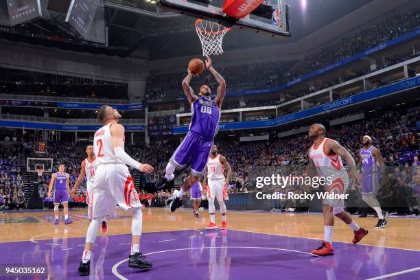 Willie Cauley-Stein of the Sacramento Kings goes to the basket against the Houston Rockets on April 11, 2018 at Golden 1 Center in Sacramento,...