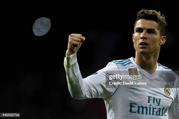 Cristiano Ronaldo of Real Madrid CF celebrates at the end of the UEFA Champions League Quarter Final scond leg match between Real Madrid and Juventus...