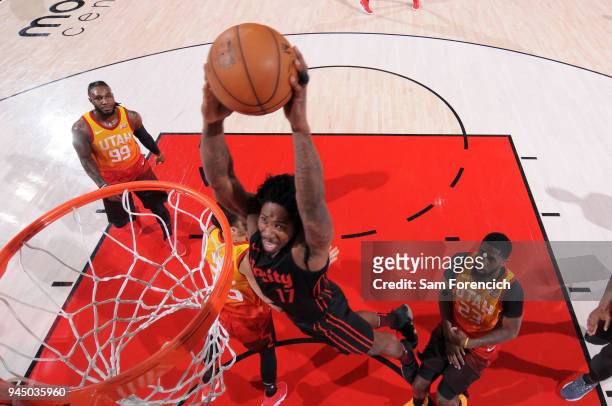 Ed Davis of the Portland Trail Blazers goes up for a dunk against the Utah Jazz on April 11, 2018 at the Moda Center in Portland, Oregon. NOTE TO...