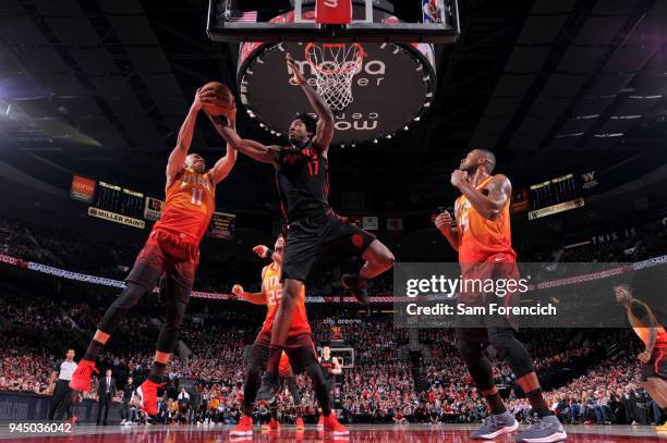 Ed Davis of the Portland Trail Blazers grabs the rebound against the Utah Jazz on April 11, 2018 at the Moda Center in Portland, Oregon. NOTE TO...