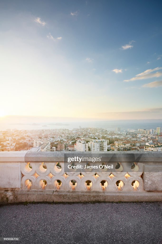 Balcony overlooking Marseille at dusk, France