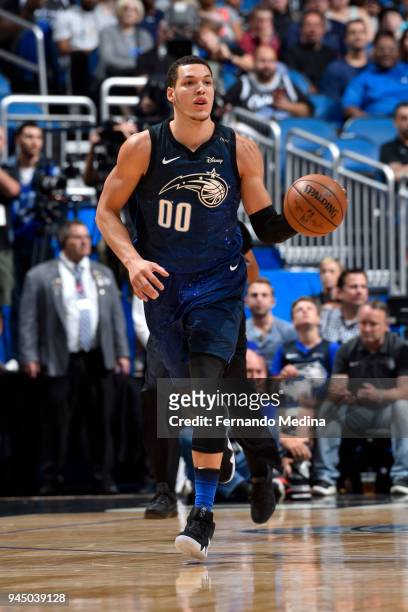 Aaron Gordon of the Orlando Magic moves up the court during the game against the Washington Wizards on April 11 2018 at Amway Center in Orlando,...