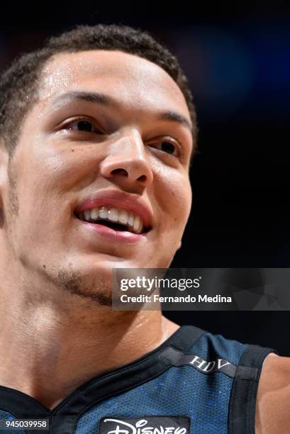 Aaron Gordon of the Orlando Magic looks on during the game against the Washington Wizards on April 11 2018 at Amway Center in Orlando, Florida. NOTE...