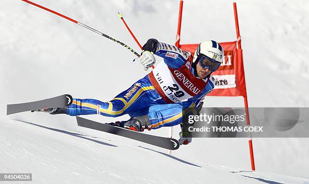 Sweden skier Markus Larsson competes during the FIS Ski World Cup Men's Super Combined Super-G race, on December 11, 2009 in Val-D'Isere, French...