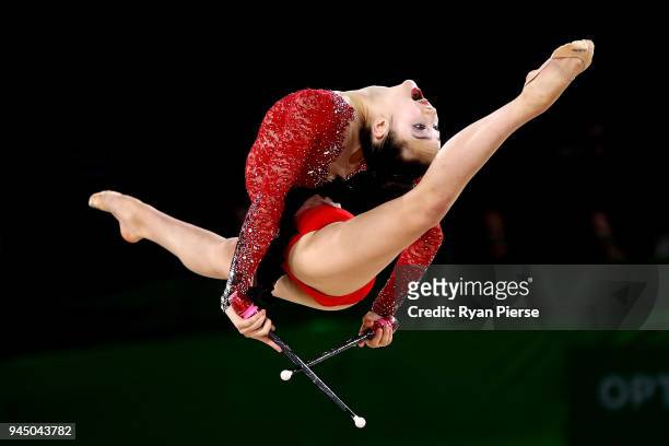 Sophie Crane of Canada competes during the Rhythmic Gymnastics on day eight of the Gold Coast 2018 Commonwealth Games at Coomera Indoor Sports Centre...