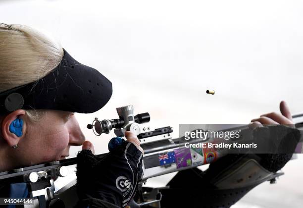 Robyn Ridley of Australia fires her gun in the final of the Women's 50m Rifle Prone event during Shooting on day eight of the Gold Coast 2018...