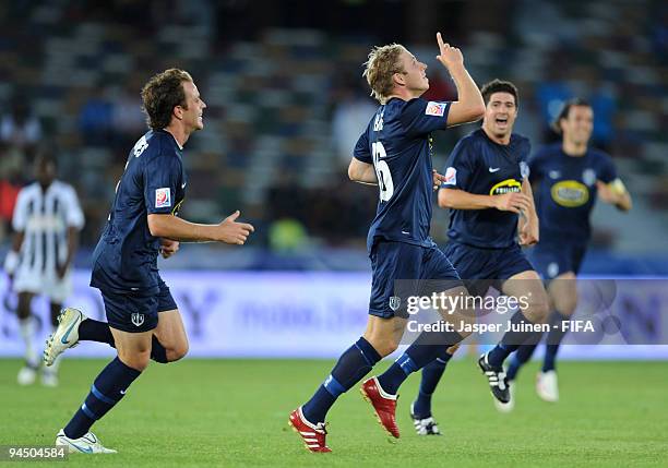 Jason Hayne of Auckland City celebrates after scoring his sides opening goal during the FIFA Club World Cup 5th place match between TP Mazembe and...