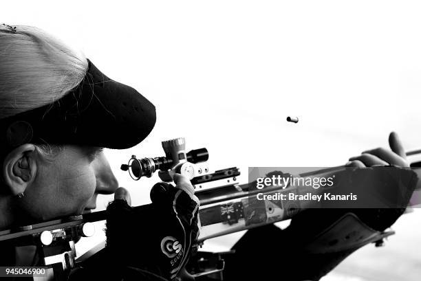 Robyn Ridley of Australia fires her gun in the final of the Women's 50m Rifle Prone event during Shooting on day eight of the Gold Coast 2018...