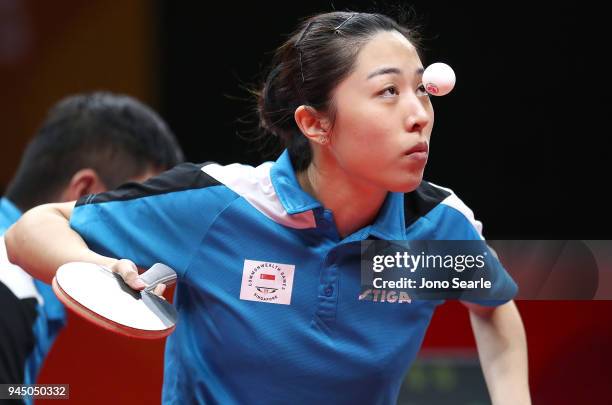 Ning Gao and Mengyu Yu of Singapore compete in the Mixed Doubles Round of 16 against Xin Yan and Jian Fang Lay of Australia during Table Tennis on...