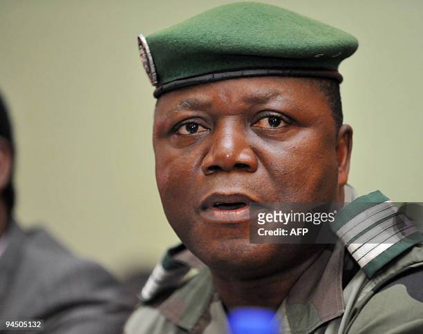 Colonel Siba Nohalamou, Guinean justice minsiter and member of the independent commission investigation on the 28 September massacre, speaks during a...