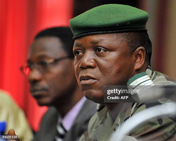 Colonel Siba Nohalamou, Guinean justice minsiter and member of the independent commission investigation on the 28 September massacre, speaks during a...