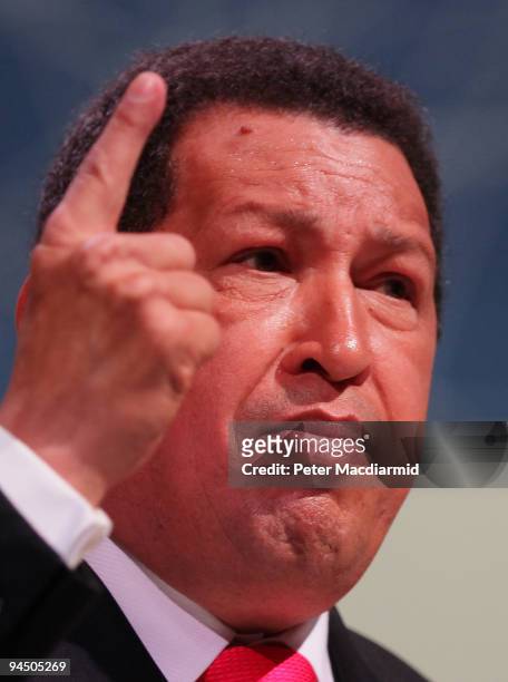 Venezuelan President Hugo Chavez gestures as he speaks to delegates at the Climate Change Conference on December 16, 2009 in Copenhagen, Denmark....