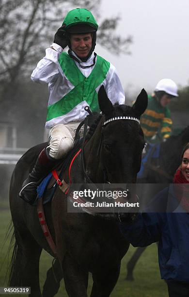 Richard Johnson with Fighting Chance after winning The Powersolve Electronics Greatwood Charity Handicap Steeple Chase Race run at Newbury Racecourse...
