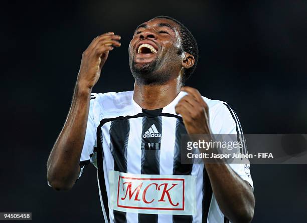 Ngandu Kasongo of TP Mazembe celebrates scoring his sides equalizing goal during the FIFA Club World Cup 5th place match between TP Mazembe and...