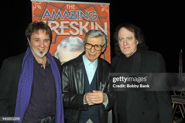 The Amazing Kreskin, Franke Previte and Tommy James attend "The Amazing Kreskin Live" at Theatre Row's Lion Theatre on April 11, 2018 in New York...