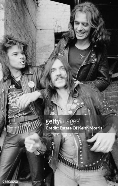 British heavy rock band Motorhead, London, 1978. Left to right: drummer Phil 'Philthy Animal' Taylor, bassist and singer Lemmy and guitarist 'Fast'...
