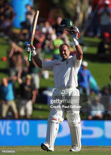 Jacques Kallis of South Africa celebrates making a century during day one of the first test match between South Africa and England at Centurion Park...