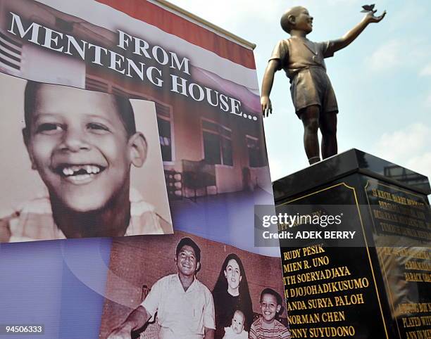 Statue featuring US President Barack Obama when he was 10 years old is placed in Taman Menteng in Jakarta on December 10, 2009. A statue of US...