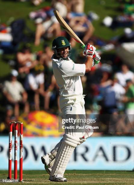 Jacques Kallis of South Africa hits out on his way to making a century during day one of the first test match between South Africa and England at...