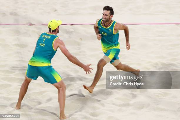 Christopher Mchugh of Australia and Damien Schumann celebrate winning the Beach Volleyball Men's Gold Medal match between Damien Schumann and...