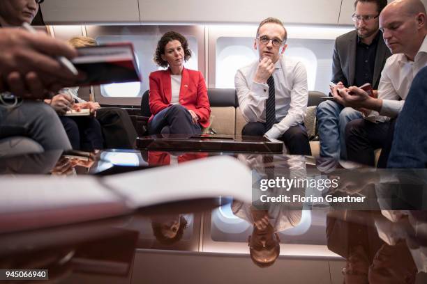 German Foreign Minister Heiko Maas talks with journalists during the flight to Dublin on April 12, 2018 in Berlin, Germany. Maas travels to Ireland...