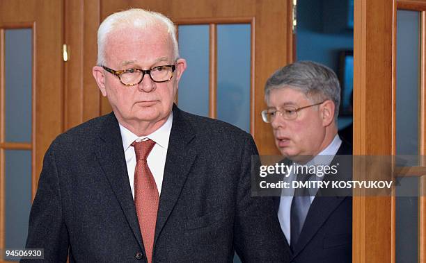 Special envoy on North Korea Stephen Bosworth and Deputy Russian Foreign Minister Alexey Borodavkin enter a hall prior their news conference in...