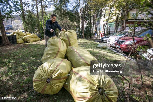 The manager of an apartment complex arranges bags of plastic waste to be picked up by waste collectors in Yongin, South Korea, on Wednesday, April...