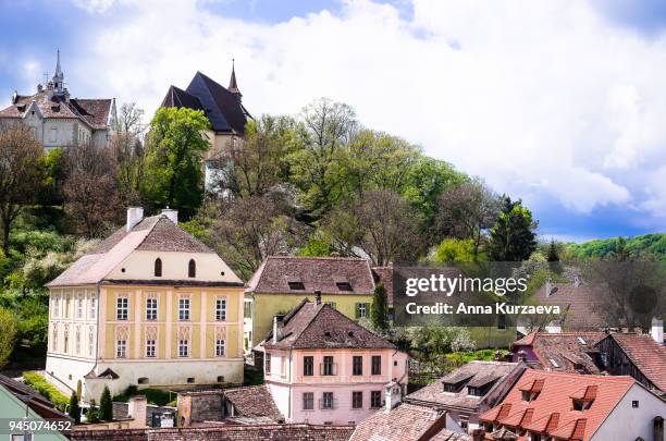 multi coloured houses and clock tower in sighisoara old town, transylvania, romania - alps romania stock pictures, royalty-free photos & images