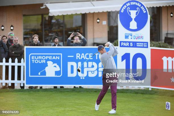Graeme Storm of England tees off the 10th hole during day one of Open de Espana at Centro Nacional de Golf on April 12, 2018 in Madrid, Spain.