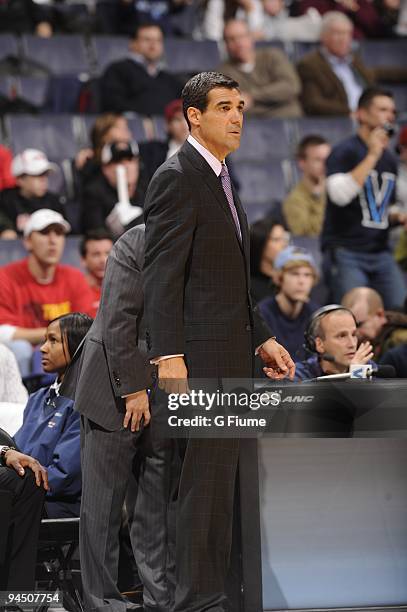 Head coach Jay Wright of the Villanova Wildcats watches the game against the Maryland Terrapins during the BB&T Classic on December 6, 2009 at the...