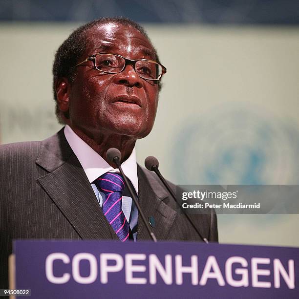 President of Zimbabwe, Robert Mugabe, speaks to delegates at the UN Climate Change Conference on December 16, 2009 in Copenhagen, Denmark. As...