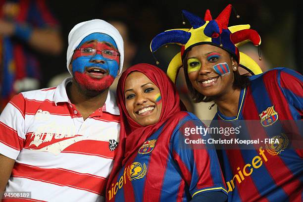 Fans of Barcelona are seen during the FIFA Club World Cup semi-final match between Atlante and Barcelona at the t the Zayed Sports City stadium on...