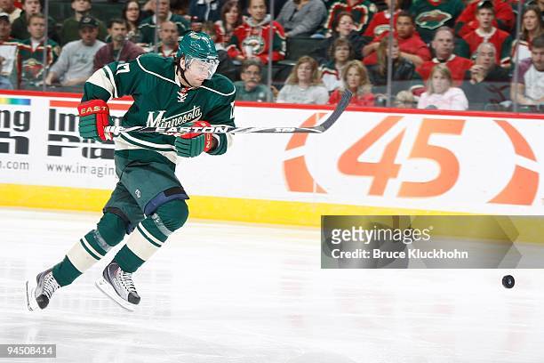 Petr Sykora of the Minnesota Wild skates to the puck against the Dallas Stars during the game at Energy Center on November 07, 2009 in Saint Paul,...